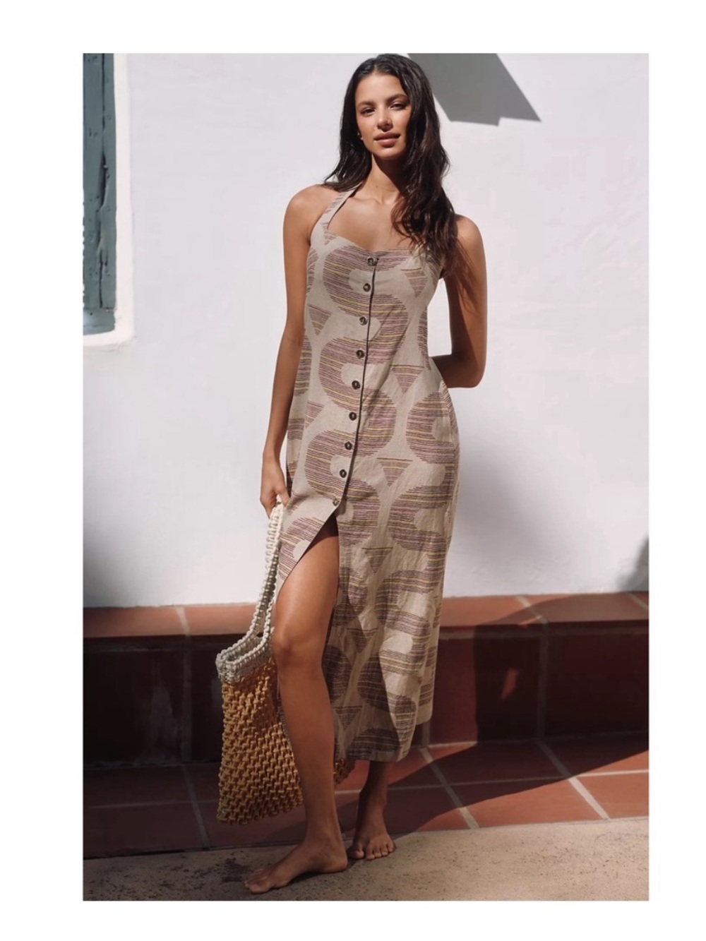 Celandine Anthropologie neutral printed linen blend maxi dress